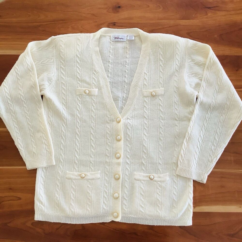 Vintage Worthington Cable Knit Cardigan Sweater Women L Wool Blend Dressy Formal
